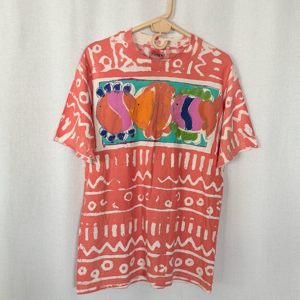 New Hand Painted Tee Shirt Orange With Fish Design